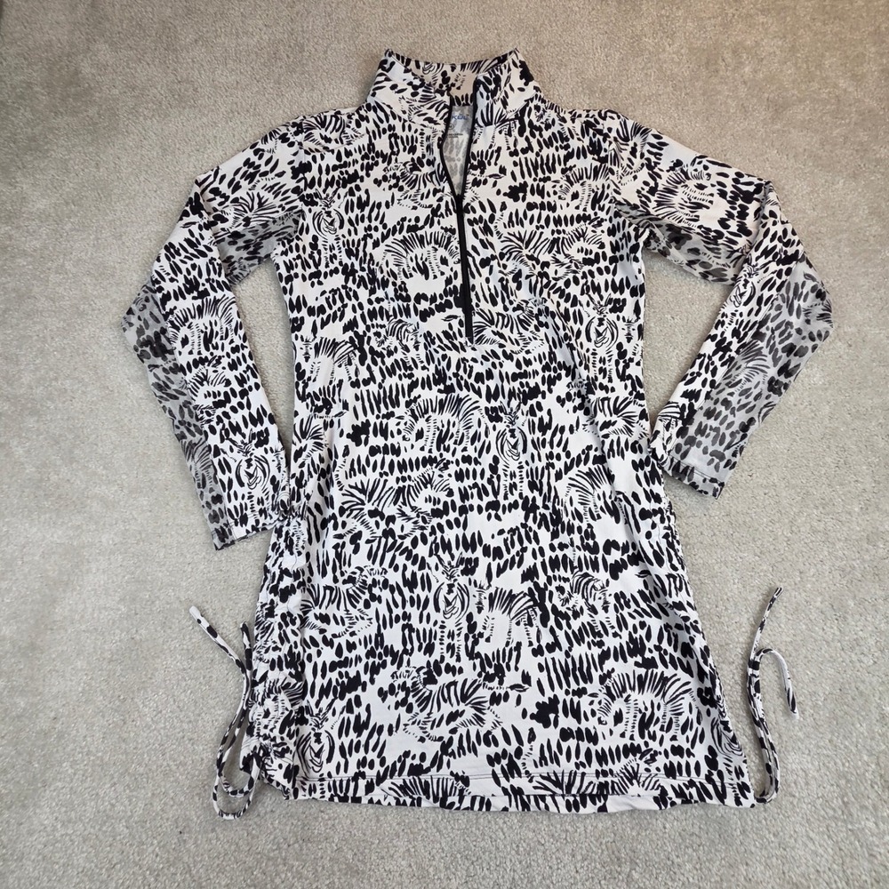 IBKUL Womens Black White Zebra Print Sun Dress Quarter Zip Long Sleeve Size M